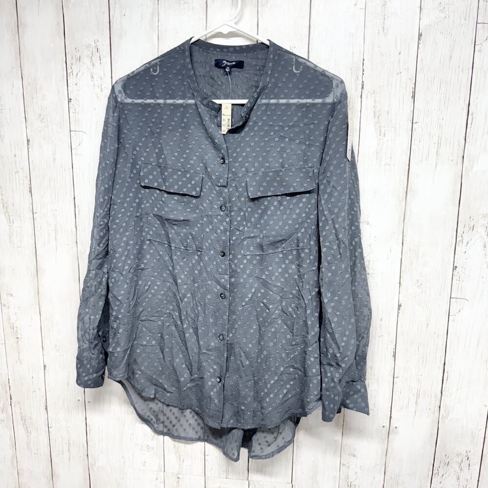 Madewell Top Women Size XS Gray Polka Dot Sheer Long Sleeve Button Down Blouse‎
